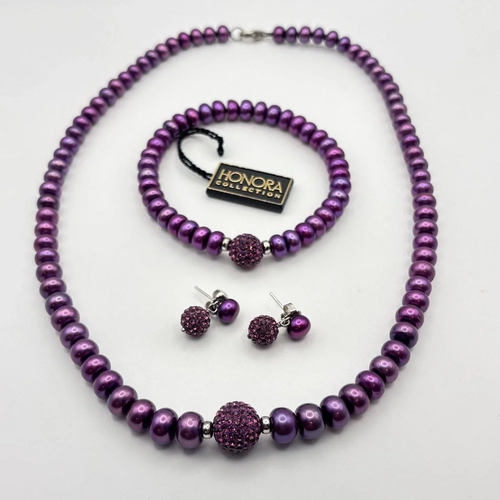 VTG Honora Pearl Necklace Bracelet Earrings Purple Crystal Pendant 925 Clasp 18